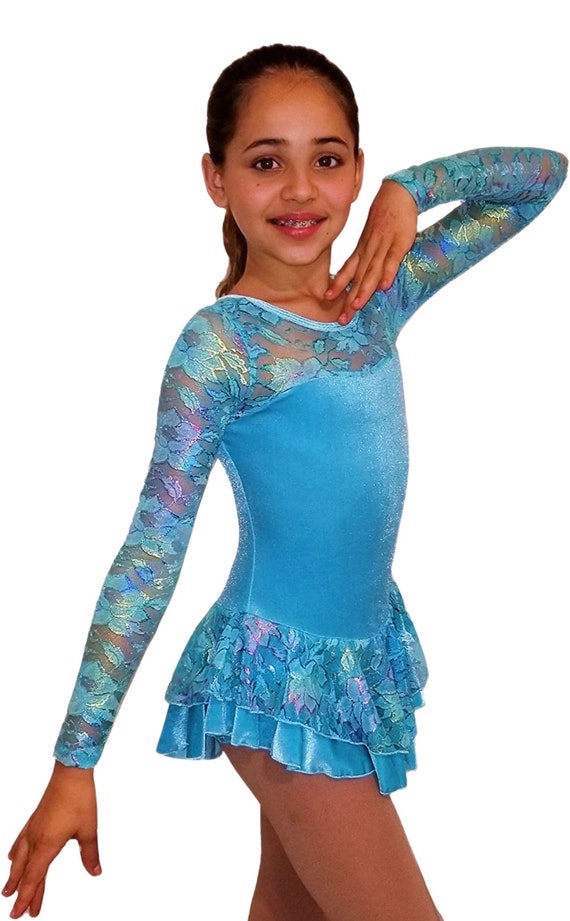 Ice Skating Dress, Roller Skating Dress Velvet/Lace - Turquoise