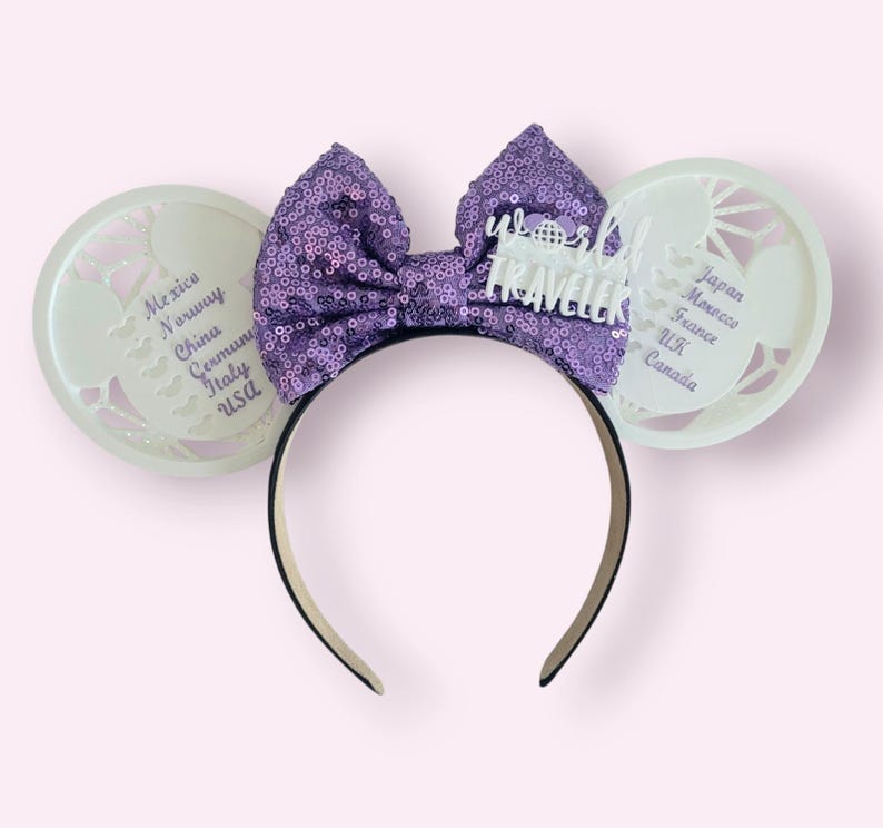 Snap & Play Drinking Around The World Showcase Ears, 3D Printed Epcot Drink Game Ear Headband purple/white
