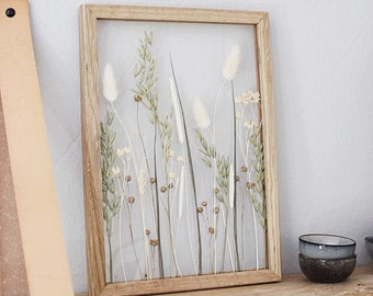 Trockenblumen Bilderrahmen, Naturtöne, Boho Living, Trockenblumendeko, Doppelglas, Herbarium, Blumenbild mit echten Blumen, Eichenholz