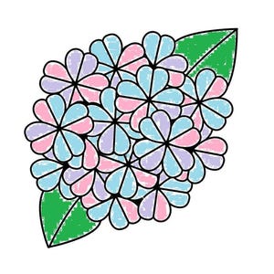 May include: A colorful illustration of a cluster of flowers in shades of pink, light blue, and lavender, outlined in black. Two green leaves are positioned on the side, set against a white background. The flower petals have a textured appearance.