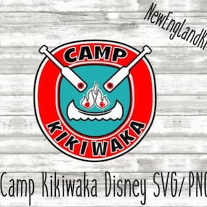 May include: Camp Kikiwaka logo with a red circle, white text, and a blue canoe with flames. The text says "Camp Kikiwaka" and "New England Kraft Co."