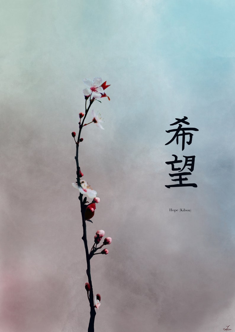 May include: A single branch of a flowering tree with delicate white blossoms and red buds against a soft, blue and gray background. The Japanese characters "希望" (Hope) are written in black below the branch, with the English translation "Hope (Kibou)" written in smaller font below.