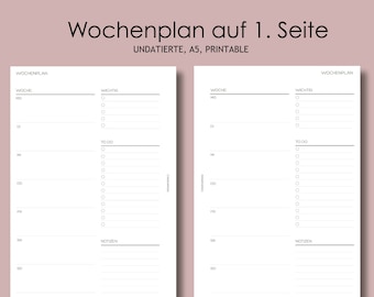 Wochenplan auf 1. Seite, Undatierte Wochenübersicht, Minimal Planner Printable Inserts, Sofort Download, A5 Size, Deutsch, English Version