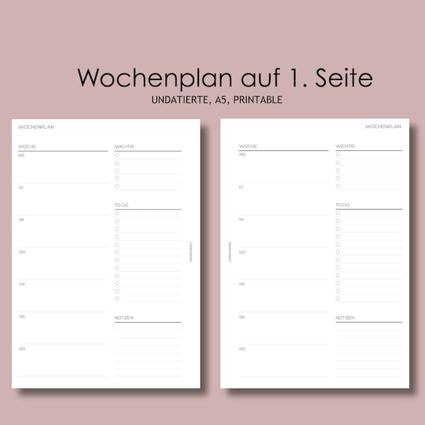 Wochenplan auf 1. Seite, Undatierte Wochenübersicht, Minimal Planner Printable Inserts, Instant Download, A5 Size, Deutsch, Deutsche Version