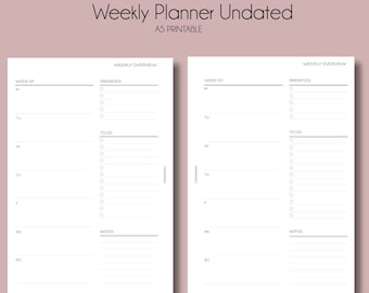 Week op 1 pagina, ongedateerd, weekplanner, weekoverzicht, minimaal, weekorganizer, weekschema, minimaal afdrukbare invoegingen, A5-formaat