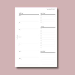 Op de afbeelding: Een weekplanner met secties voor "Woche" (week), "Wichtig" (belangrijk), "To Do" en "Notizen". De planner heeft ruimte om de dagen van de week in te vullen, van maandag tot en met zondag.