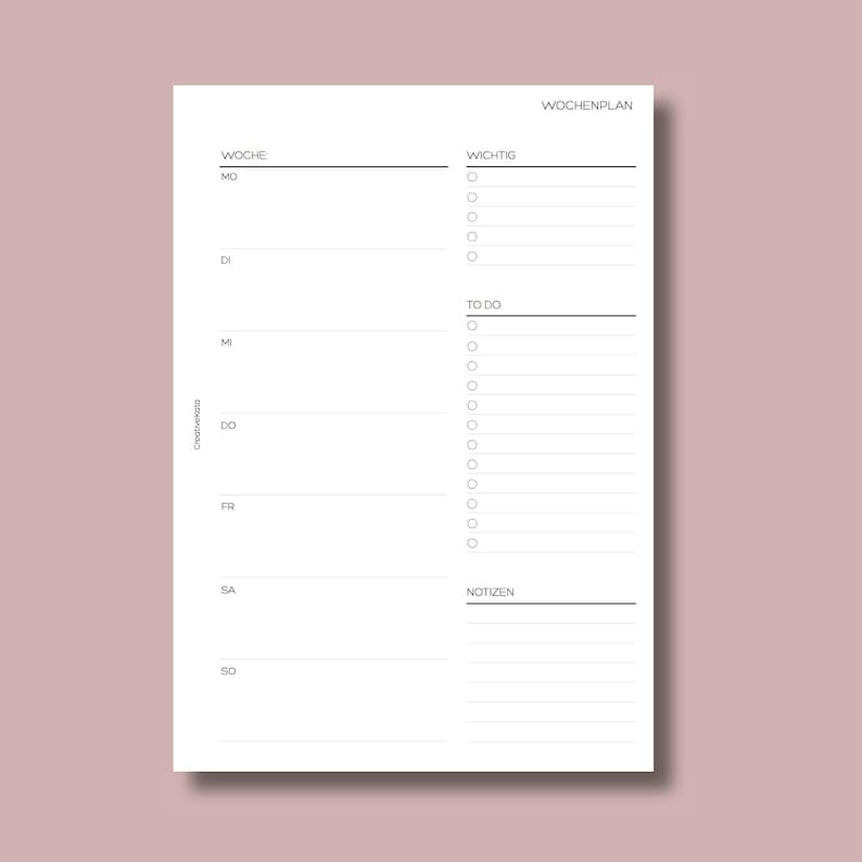 Op de afbeelding: Een weekplanner met secties voor "Woche" (week), "Wichtig" (belangrijk), "To Do" en "Notizen". De planner heeft ruimte om de dagen van de week in te vullen, van maandag tot en met zondag.
