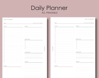 Dagelijkse planner, dagelijkse taken, dagelijkse agenda, afdrukbare inzetstukken, minimaal, ongedateerd, direct downloaden, A5-formaat, maandagstart