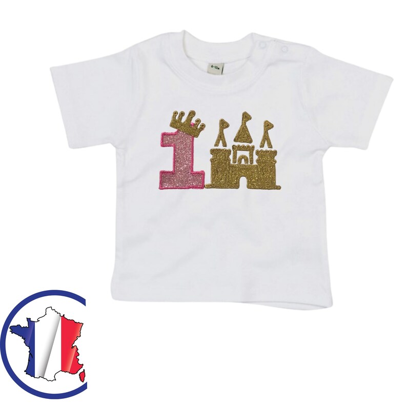 T-shirt anniversaire prénom brodé princesse et château en broderie et tissu appliqué à paillette or et rose taille enfant pour 1 an à 6 ans 1 AN (12-18 mois) Enfants (EU)