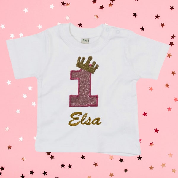 T-shirt anniversaire prénom brodé Age de l'enfant broderie et tissu appliqué à paillette rose et or taille pour princesse de 1 an à 6 ans