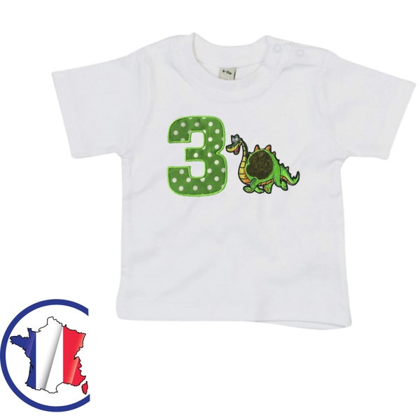 T-shirt anniversaire prénom brodé enfant fan de DINOSAURE en broderie et tissu appliqué aux couleurs vives avec l'âge 1 an à 6 ans à offrir