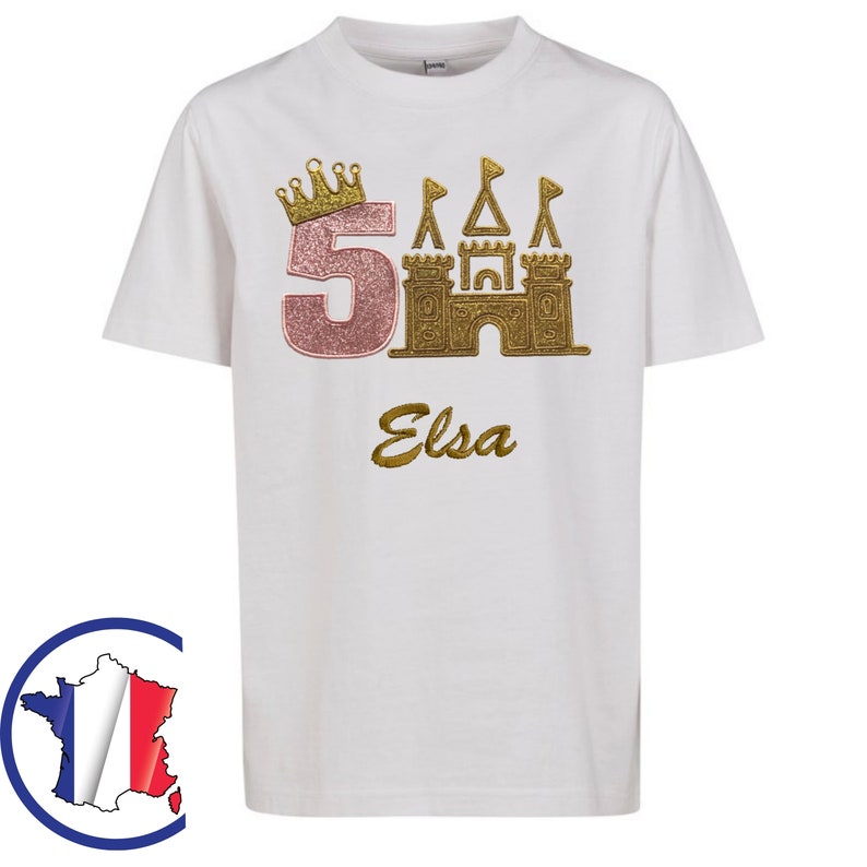 T-shirt anniversaire prénom brodé princesse et château en broderie et tissu appliqué à paillette or et rose taille enfant pour 1 an à 6 ans 5 ANS (5-6 ans) Enfants (EU)