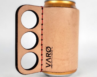 Hand Stitched Leather Beverage Insulator with Handle for 12oz Cans