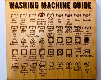 Laser Cut and Engraved Wood Washing Machine Symbol Guide on Maple Plywood