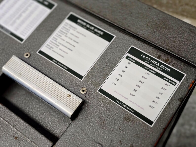 Op de afbeelding: Een grijs getextureerd metalen oppervlak met een zilveren handvat en twee informatieve stickers. E&eacute;n sticker is getiteld Wood Glue Guide, de andere is een Pilot Hole Sizes tabel voor houtschroeven, met maten van #4 tot #14 in inches.