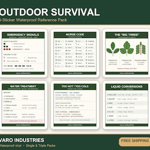 May include: A set of six square waterproof stickers titled Outdoor Survival. The stickers feature white backgrounds with dark green headers and text. Topics include emergency signals, Morse code, poisonous plants, water treatment, hypothermia, and liquid conversions with U.S. measurements.