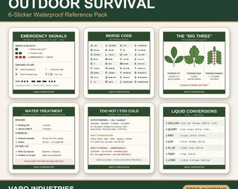 May include: A set of six square waterproof stickers titled Outdoor Survival. The stickers feature white backgrounds with dark green headers and text. Topics include emergency signals, Morse code, poisonous plants, water treatment, hypothermia, and liquid conversions with U.S. measurements.