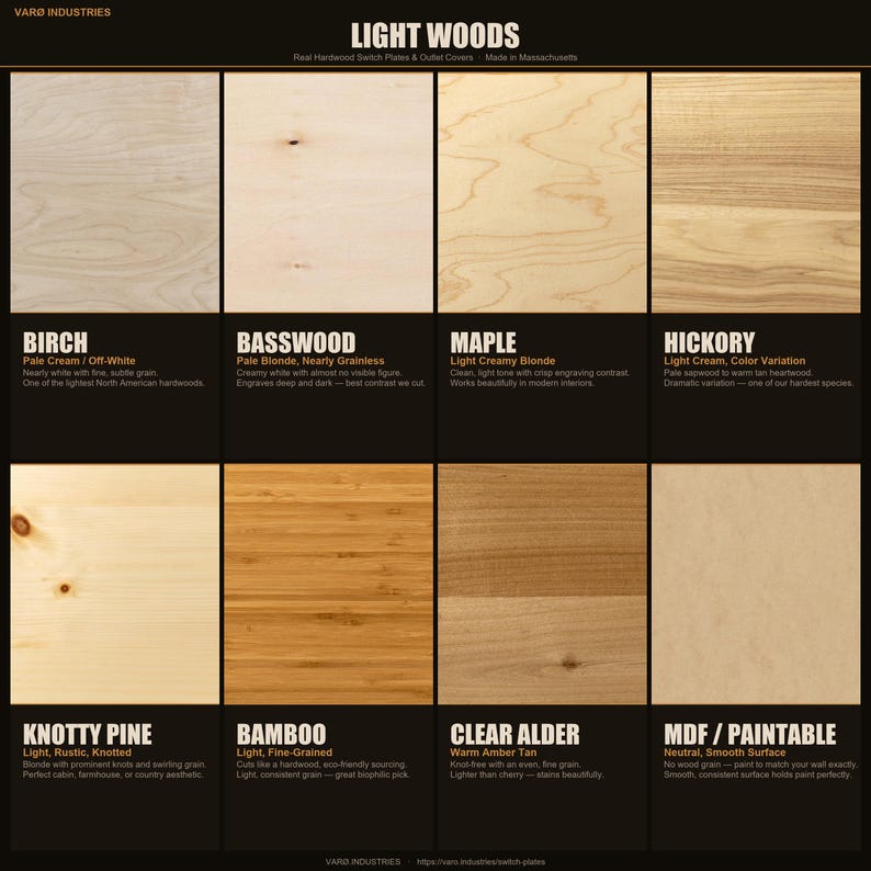 May include: A grid of eight light wood samples labelled Var&oslash; Industries Light Woods. The samples include Birch, Basswood, Maple, Hickory, Knotty Pine, Bamboo, Clear Alder, and MDF/Paintable, each with descriptive text regarding colour and grain.
