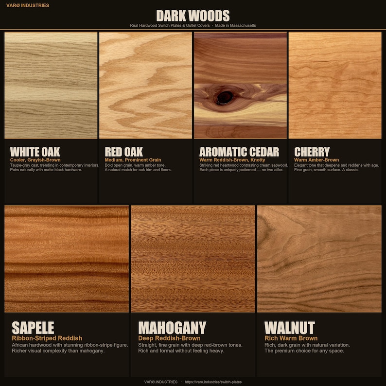 May include: A product sample board titled DARK WOODS by VARO INDUSTRIES displaying seven wood types: White Oak, Red Oak, Aromatic Cedar, Cherry, Sapele, Mahogany, and Walnut. Each section features a wood grain swatch with descriptive text.