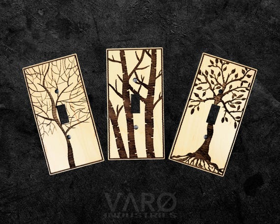 Tree triptych engraved wood switch plates