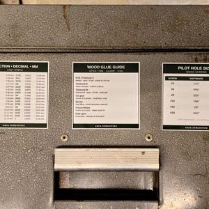 Op de afbeelding: Een grijs metalen oppervlak met drie informatieve stickers van varo.industries. De stickers bevatten een omrekentabel voor breuken, decimalen en millimeters, een houtlijmgids en een tabel voor de maten van boorgaten.