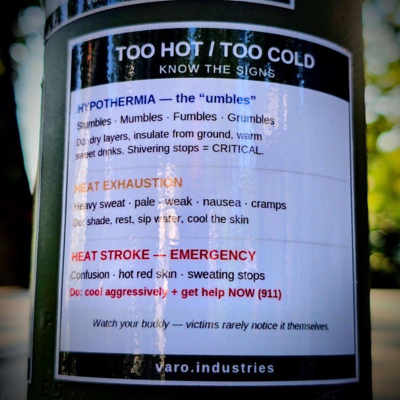 Heat & Cold Illness Sticker – Hypothermia Heat Stroke Signs, Hiking Safety Reference Decal imagem 1