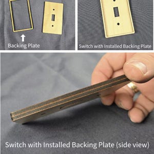 May include: A light-coloured wooden light switch cover plate featuring a rectangular backing plate and a central toggle switch cutout. The side view reveals a layered construction with dark edges, showing the plate and backing plate combined.