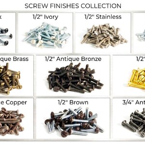 May include: A collection of screws labelled SCREW FINISHES COLLECTION, featuring various finishes including 1/2" black, ivory, stainless, white, brass, brown, and antique bronze, plus 1/2" and 1" antique brass, and 3/4" antique copper and silver.
