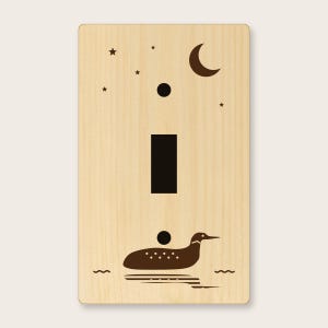 Loon Light Switch Cover | Engraved Knotty Pine Single Toggle Wall Plate | Lake House & Camp Decor | Moon and Stars