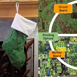 May include: A green and white Christmas stocking with a circuit board pattern. The stocking is hanging on a fireplace mantel. The image also shows a diagram of a circuit board with the words "Circuit Board", "Mother Board", and "Stocking Options".