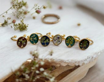 Anelli botanici, collezione FIORIRE! vero fiore pressato, acciaio inossidabile placcato oro, regolabile