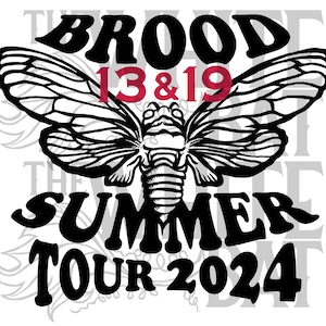 Peut inclure: Graphique noir et blanc d'une cigale avec le texte "BROOD 13 & 19 SUMMER TOUR 2024" en dessous.