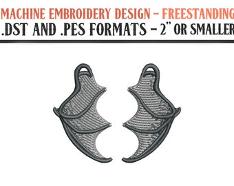 May include: Machine embroidery design of two gray bat wings, in .DST and .PES formats, for freestanding embroidery, 2 inches or smaller.