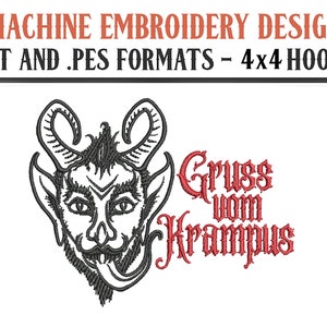 May include: Machine embroidery design of a black and white Krampus with horns and a tongue sticking out. The text "Gruss vom Krampus" is in red.