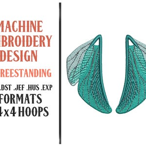 May include: Machine embroidery design featuring two teal and gray wing-shaped patterns. The text on the left side reads "MACHINE EMBROIDERY DESIGN - FREESTANDING" and lists file formats and hoop size.