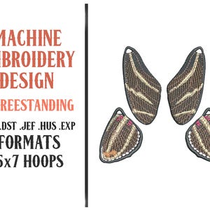 May include: Machine embroidery design featuring four embroidered butterfly wing shapes in shades of brown, tan, and pink. The design is freestanding and includes various file formats. The text reads "Machine Embroidery Design - Freestanding" and "Formats - 5x7 Hoops."