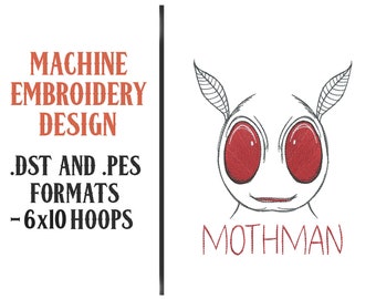 Op de afbeelding: Machine borduurontwerp van Mothman, een cryptide met grote rode ogen en vleugels, in .DST en .PES formaten voor 6x10 hoepels.
