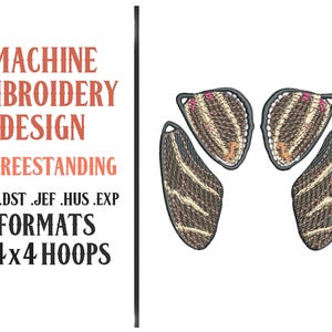 May include: Machine embroidery design with the text "Machine Embroidery Design - Freestanding" and file formats .PES .DST .JEF .HUS .EXP. The design features four embroidered wing-shaped elements with brown and tan striped patterns and a dark gray border.