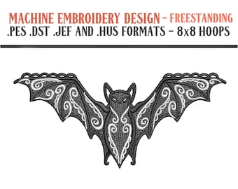 May include: Black and white machine embroidery design of a bat with intricate swirls. The design is freestanding and comes in .pes, .dst, .jef, and .hus formats. It is suitable for 8x8 hoops.