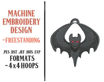 May include: A machine embroidery design featuring a black bat with red eyes. The design is freestanding and includes the text "MACHINE EMBROIDERY DESIGN - FREESTANDING" and "FORMATS - 4x4 HOOPS". The design is available in .PES .DST .JEF .HUS .EXP formats.