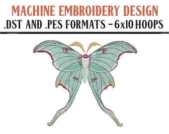 Luna Moth - Machine Embroidery Design - Digital Download - 6x10 Hoops - DST and PES Formats