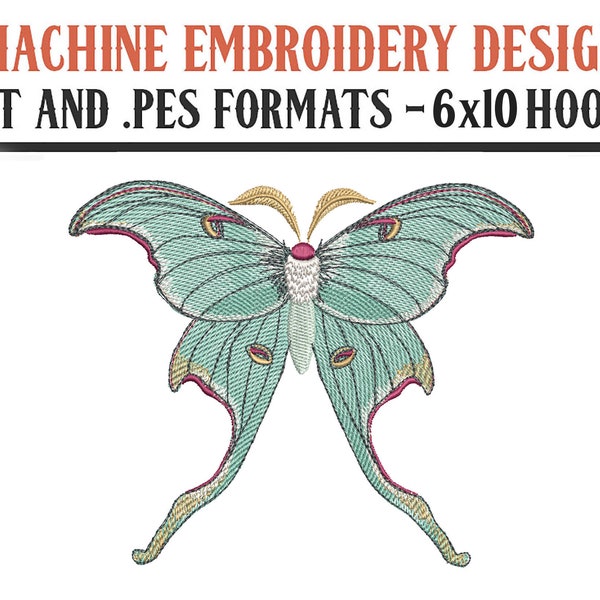 Luna Moth - Machine Embroidery Design - Digital Download - 6x10 Hoops - DST and PES Formats