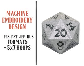 20 Sided Dice - Machine Embroidery Design - Digital Download - 5X7 Hoops - PES DST JEF Hus Formats