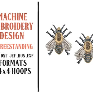 May include: Machine embroidery design featuring two embroidered bee motifs. The bees have gold, black, and white details. The image also includes text indicating the design is freestanding and available in various formats for 4x4 hoops.