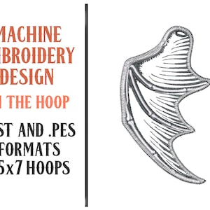 Stitched-To-The-Edge In The Hoop Bat Wing with Skeleton - Machine Embroidery Design - Digital Download - 5x7 Hoops - DST and PES Formats