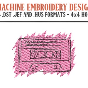 May include: A black and white line drawing of a cassette tape, with a pink background. The text .PES .DST .JEF AND .HUS FORMATS - 4X4 HOOPS is above the image.