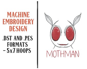 Op de afbeelding: Machine borduurontwerp van een Mothman met rode ogen. Het ontwerp is beschikbaar in .DST en .PES formaten en geschikt voor 5x7 hoepels.