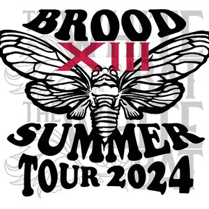 May include: Black and white graphic of a cicada with the text "BROOD XII SUMMER TOUR 2024" in black.
