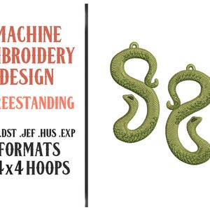 May include: Machine embroidery design featuring two olive green snake-shaped designs. The text reads "MACHINE EMBROIDERY DESIGN - FREESTANDING" and lists file formats and "4x4 HOOPS". The designs are detailed and have a textured appearance.