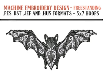 May include: A black and white machine embroidery design of a bat with intricate details. The design is freestanding and comes in .pes, .dst, .jef, and .hus formats. It is suitable for 5x7 hoops.